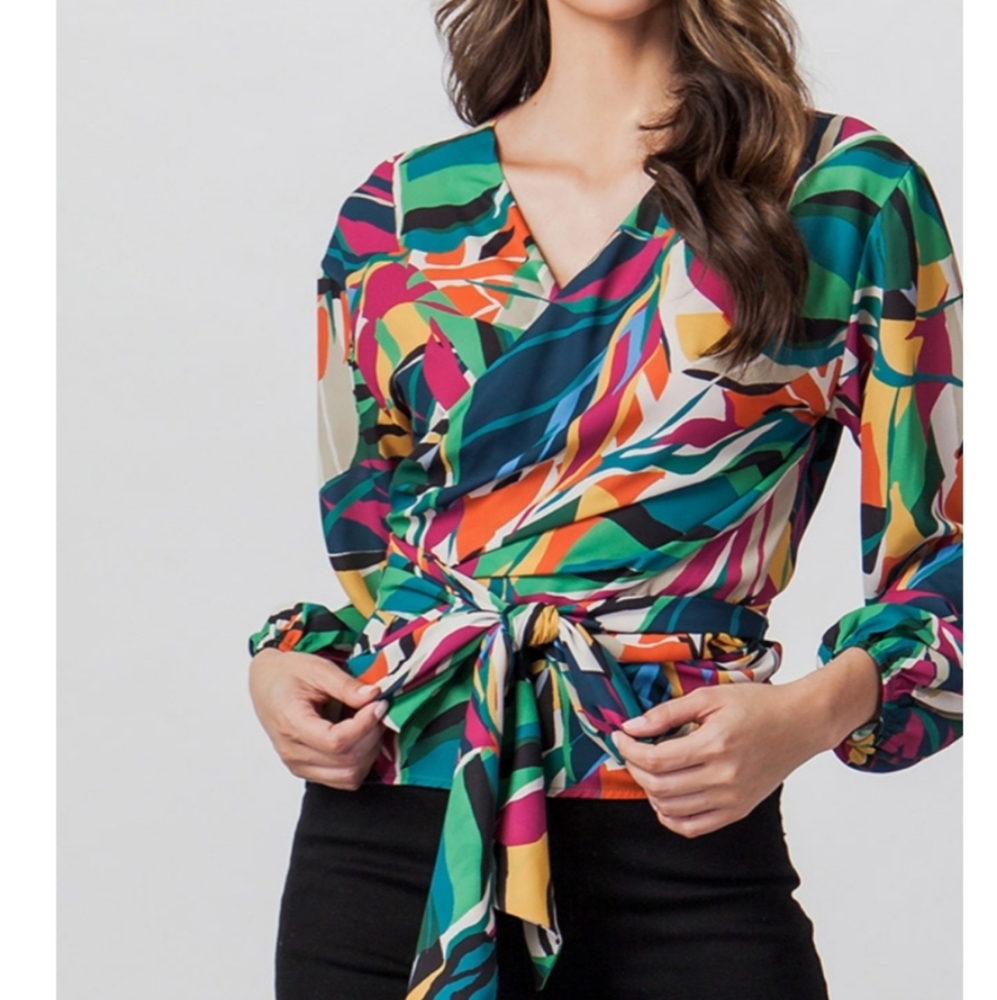 V Neck Printed Wrap Blouse with Peasant Sleeves -Only Small Available.